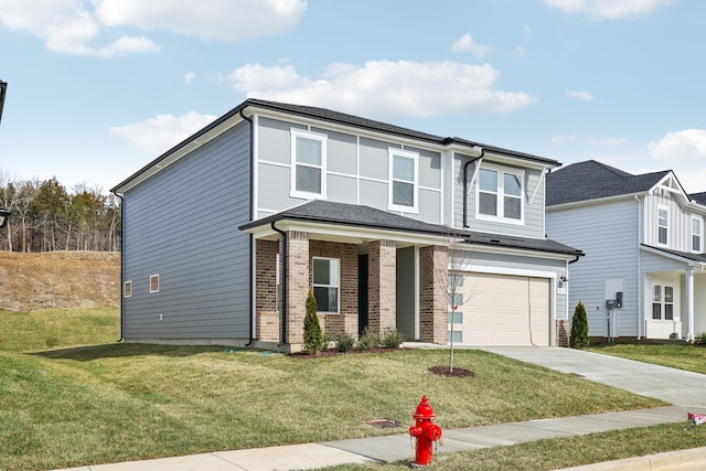 view of front facade with a garage, covered porch, brick siding, driveway, and a front yard