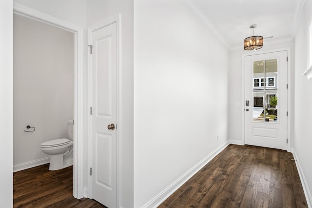 interior space with crown molding, a chandelier, and dark hardwood / wood-style floors