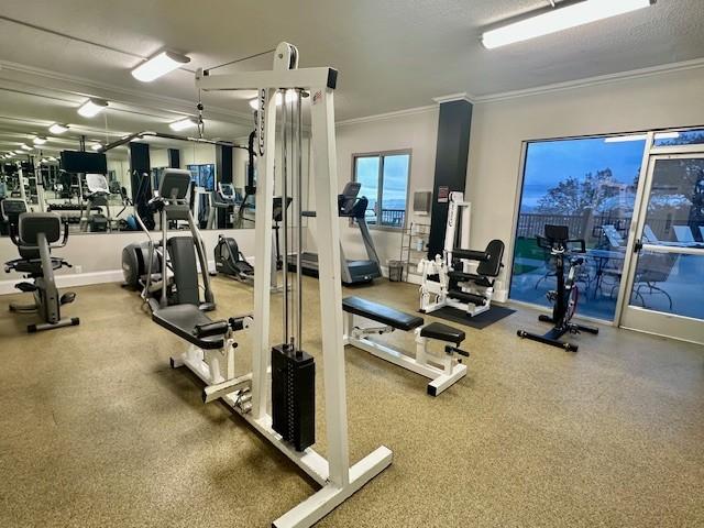 exercise room featuring crown molding