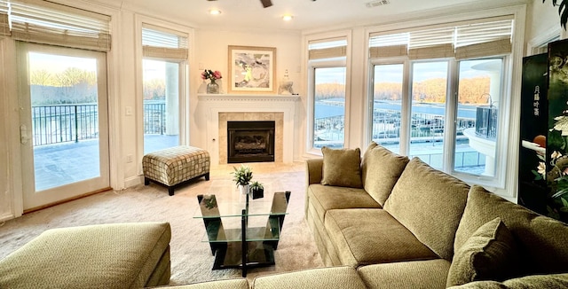 carpeted living room featuring a tiled fireplace, a water view, and a wealth of natural light