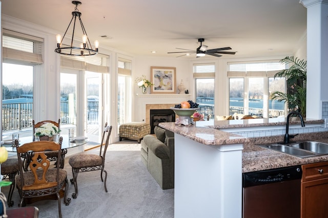 400 Warioto Way Unit 206, Ashland City, TN 37015 - kitchen with a sink, a ceiling fan, stainless steel dishwasher, hanging light fixtures, and open floor plan