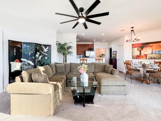400 Warioto Way Unit 206, Ashland City, TN 37015 - living room with light colored carpet, ceiling fan with notable chandelier, visible vents, ornamental molding, and recessed lighting
