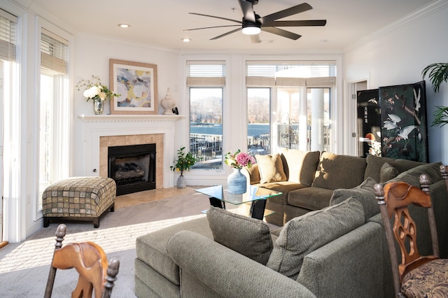 400 Warioto Way Unit 206, Ashland City, TN 37015 - living room with recessed lighting, crown molding, ceiling fan, and a tiled fireplace