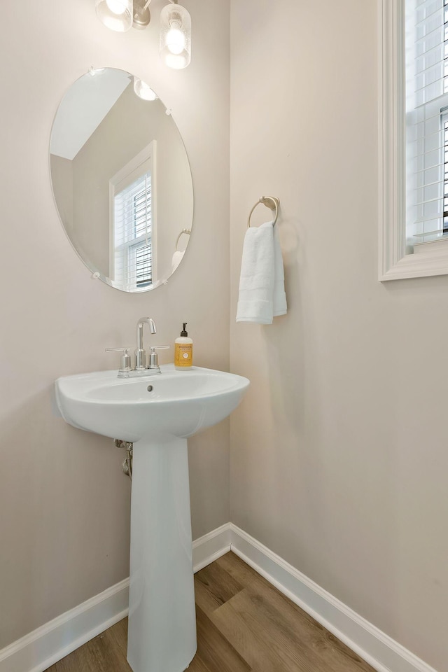 bathroom with hardwood / wood-style floors