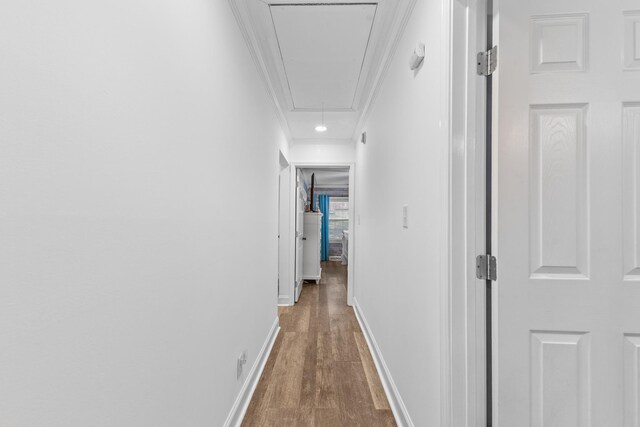 hallway with crown molding and hardwood / wood-style floors