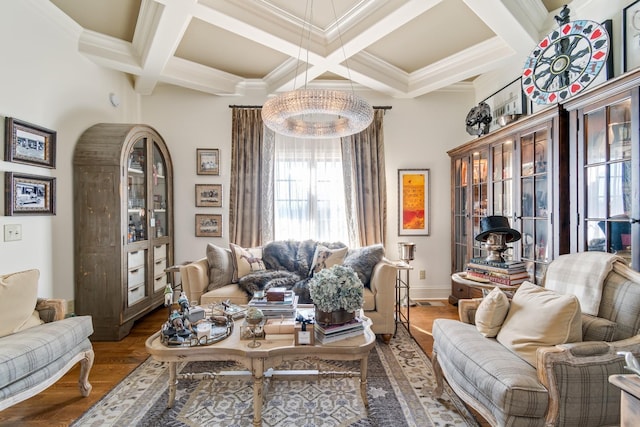 living room with coffered ceiling, hardwood / wood-style floors, beam ceiling, and crown molding