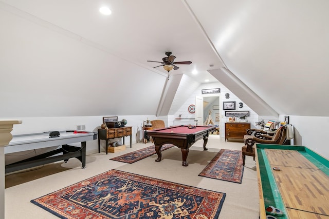 rec room featuring ceiling fan, pool table, and vaulted ceiling