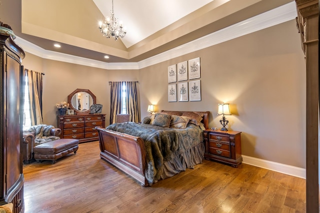 bedroom with crown molding, wood-type flooring, high vaulted ceiling, and a chandelier