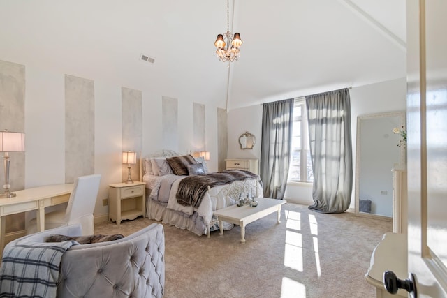 bedroom with vaulted ceiling, light colored carpet, and a notable chandelier