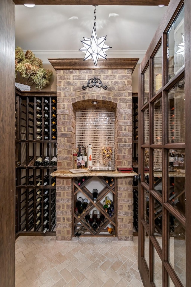 wine cellar with crown molding