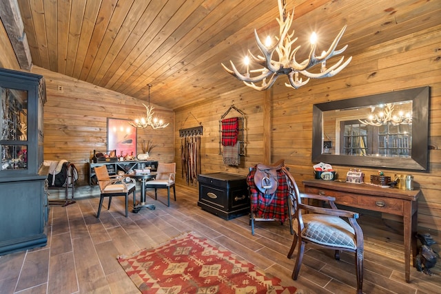 dining area featuring wood walls, lofted ceiling, dark hardwood / wood-style flooring, a notable chandelier, and wooden ceiling