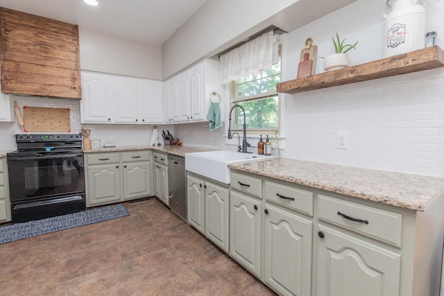 kitchen featuring dishwasher, electric range, backsplash, and sink