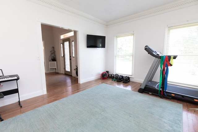 exercise room with dark hardwood / wood-style floors and ornamental molding