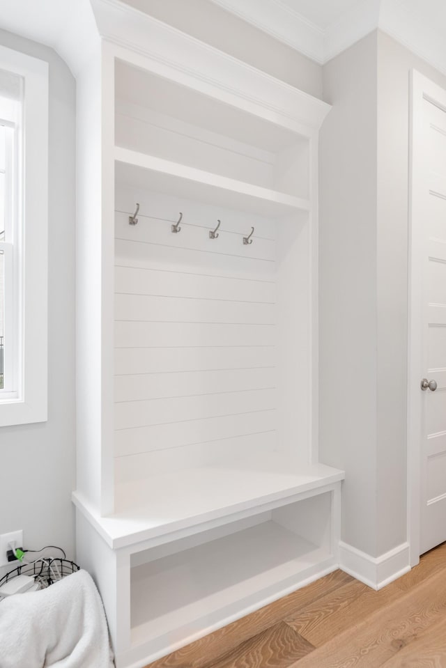 mudroom with ornamental molding and light wood-type flooring