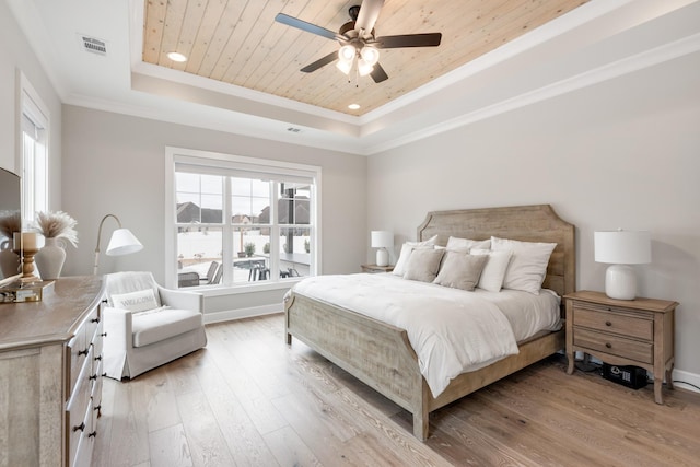 bedroom featuring wood ceiling, a tray ceiling, ceiling fan, crown molding, and light hardwood / wood-style floors