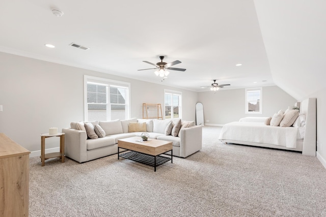 bedroom featuring carpet flooring, crown molding, ceiling fan, and lofted ceiling