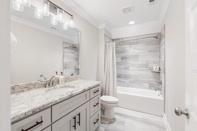 full bathroom with vanity, toilet, ornamental molding, and shower / tub combo with curtain