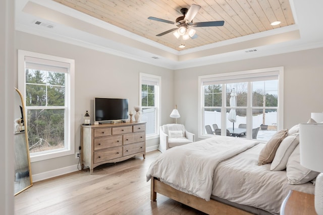 bedroom with ceiling fan, a raised ceiling, wooden ceiling, and light wood-type flooring