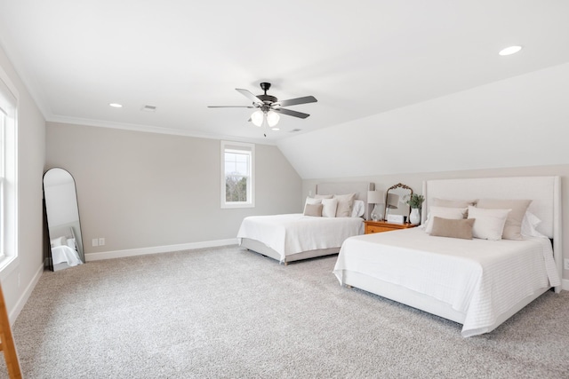 bedroom with carpet, vaulted ceiling, and ceiling fan