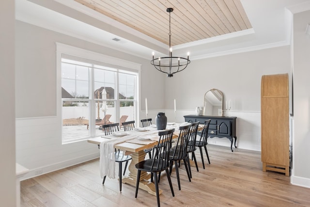 dining space with light hardwood / wood-style floors, a raised ceiling, ornamental molding, and a chandelier