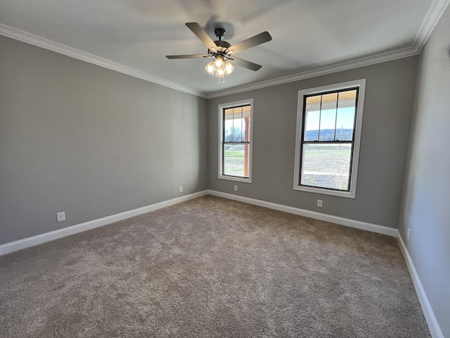 carpeted spare room featuring ceiling fan and crown molding