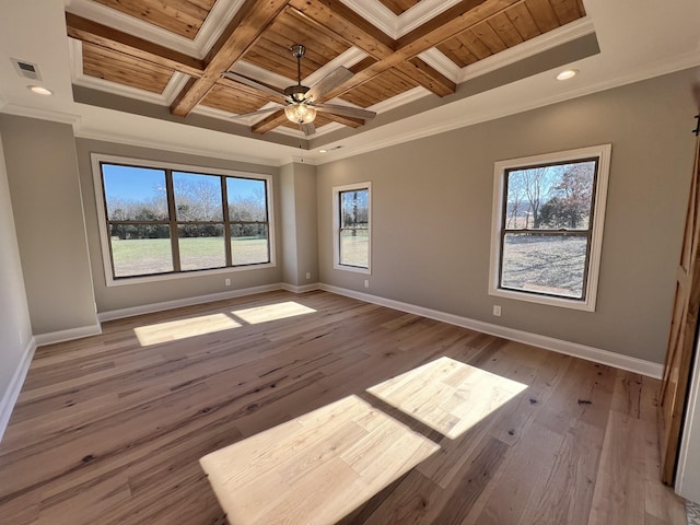 unfurnished room featuring coffered ceiling, ornamental molding, wood ceiling, and light hardwood / wood-style flooring