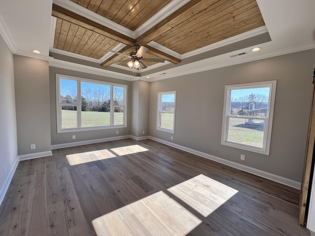 spare room with wooden ceiling, coffered ceiling, ornamental molding, beamed ceiling, and dark hardwood / wood-style flooring