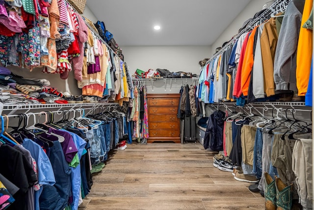 walk in closet with light hardwood / wood-style flooring