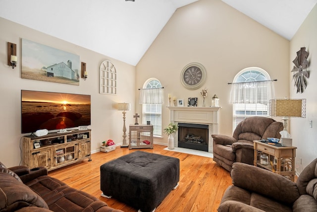 living room featuring hardwood / wood-style flooring, plenty of natural light, and high vaulted ceiling