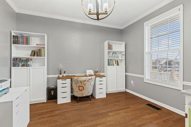 home office with ornamental molding, dark hardwood / wood-style floors, and an inviting chandelier