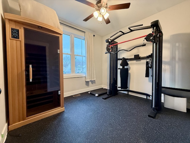 workout room with ceiling fan