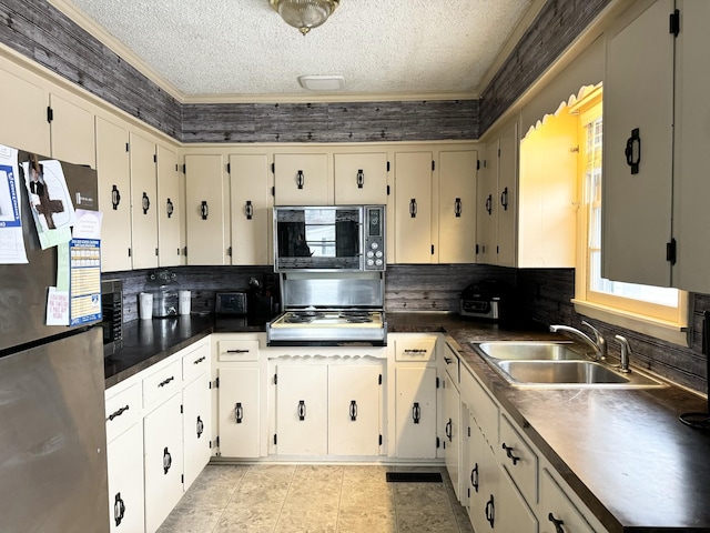 kitchen featuring sink, ornamental molding, a textured ceiling, and appliances with stainless steel finishes