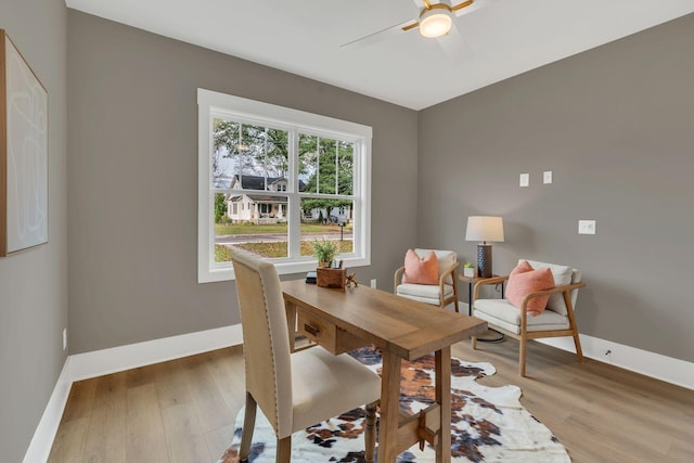 office area featuring ceiling fan and light wood-type flooring