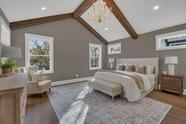 bedroom featuring a notable chandelier, dark hardwood / wood-style floors, and lofted ceiling with beams