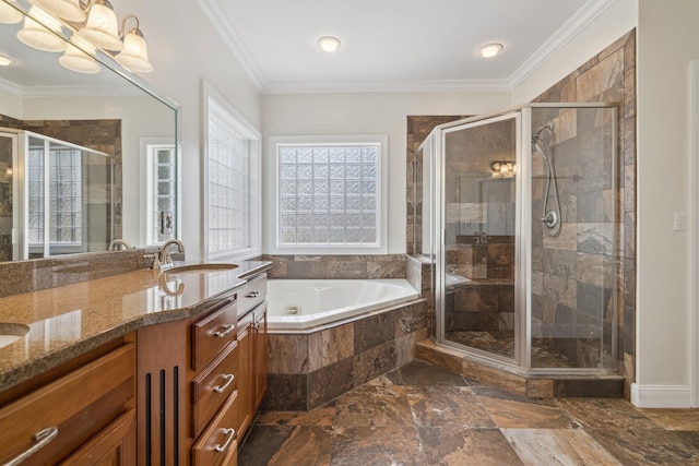 bathroom featuring crown molding, vanity, and plus walk in shower