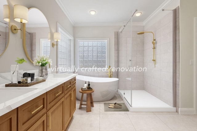 bathroom with tile patterned flooring, vanity, crown molding, and shower with separate bathtub