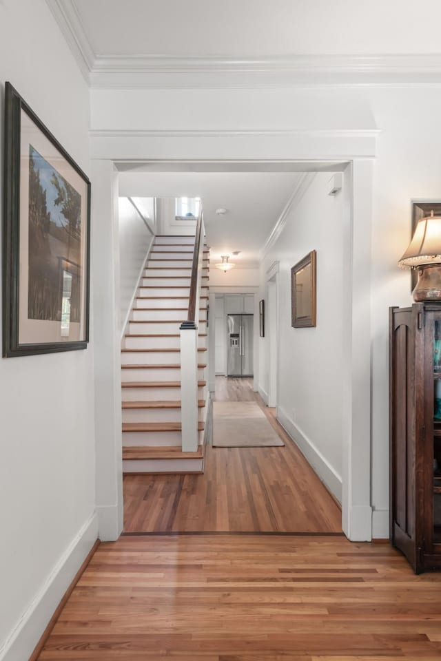 corridor featuring hardwood / wood-style floors and crown molding