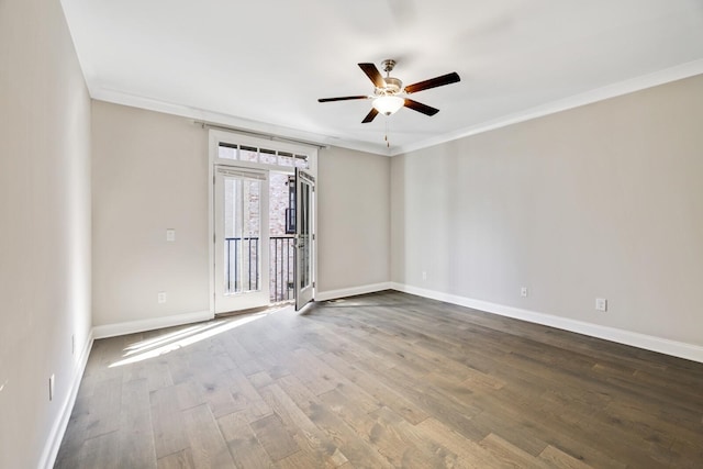 spare room with hardwood / wood-style floors, ceiling fan, and ornamental molding