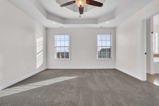 carpeted spare room with a raised ceiling, ceiling fan, and a wealth of natural light