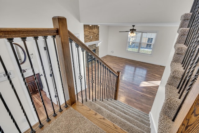 stairway featuring ceiling fan and wood-type flooring