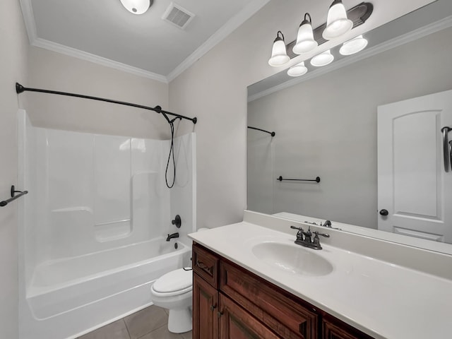 full bathroom with washtub / shower combination, tile patterned floors, ornamental molding, and toilet