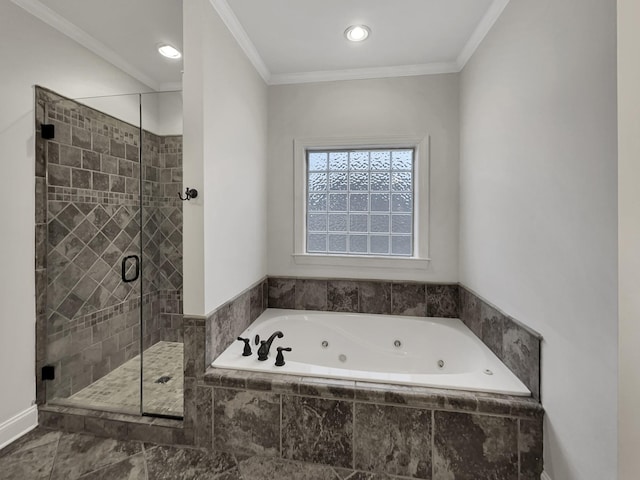 bathroom with crown molding and shower with separate bathtub