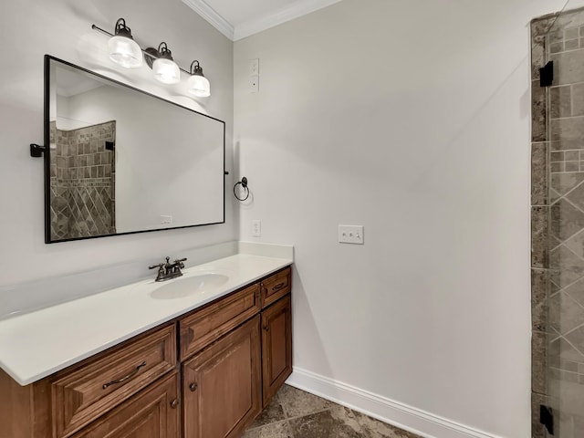 bathroom with vanity, crown molding, and walk in shower