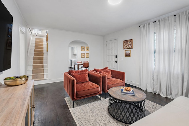 living room with dark wood-type flooring