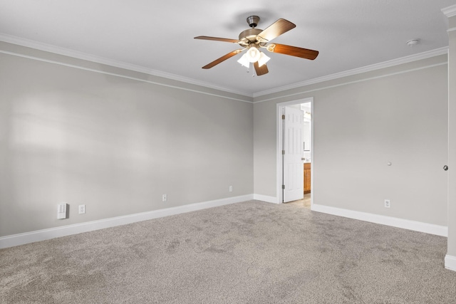 carpeted spare room with ceiling fan and ornamental molding