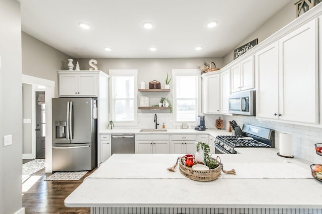 kitchen with sink, decorative backsplash, dark hardwood / wood-style flooring, white cabinetry, and stainless steel appliances