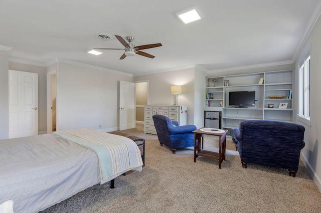 bedroom with carpet flooring, ceiling fan, and ornamental molding