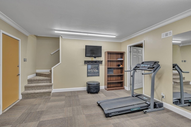 workout area featuring crown molding and carpet