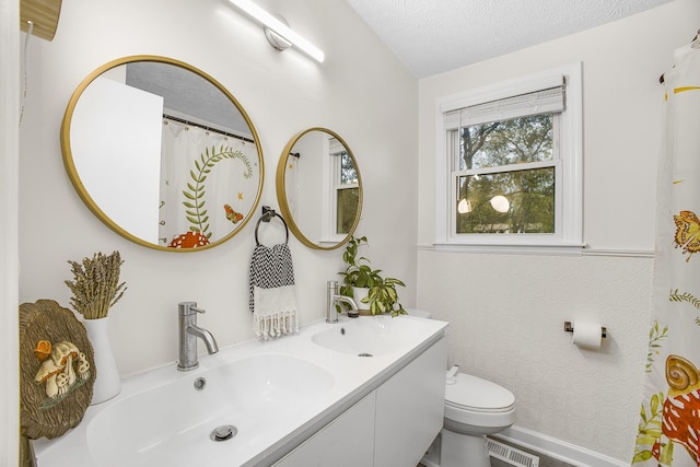 bathroom with vanity, a textured ceiling, and toilet