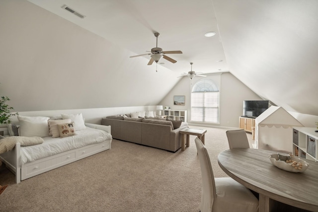 living room featuring carpet, ceiling fan, and lofted ceiling